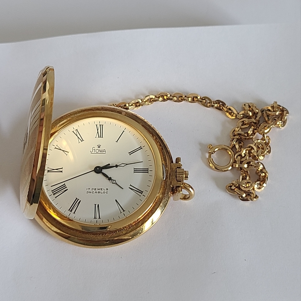 Vintage Stowa 17 Jewels Germany Caledar Date Gold Plated Pocket Watch w Chain
